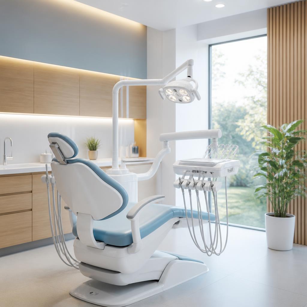 Ambiente do consultório odontológico com cadeira e equipamentos