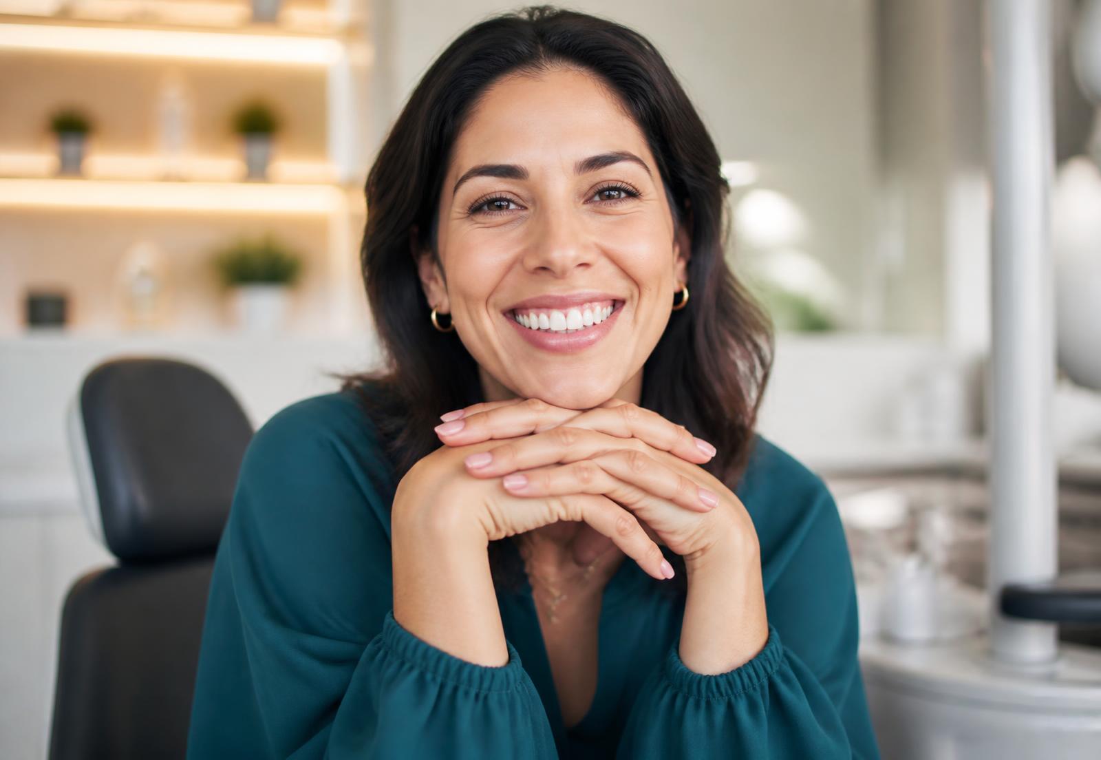 Paciente sorrindo em consultório odontológico moderno